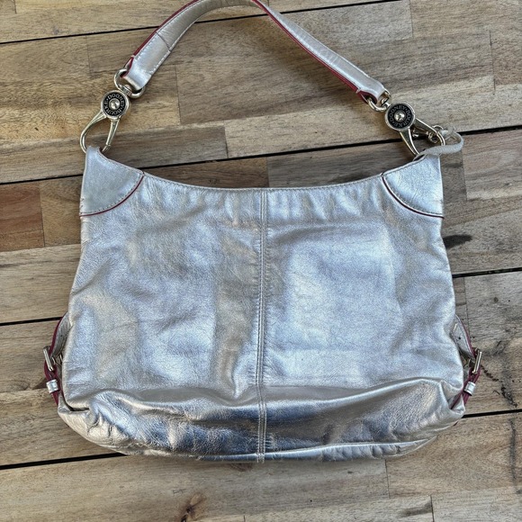 Dooney & Bourke Shoulder Bag Womens Silver Metallic Leather‎ Hobo Red Trim Purse - Picture 8 of 8